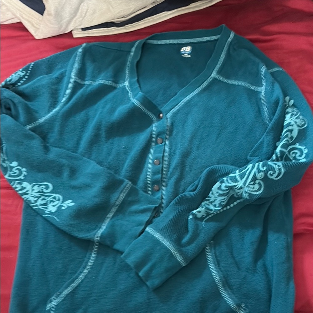Teal Button-Up Sweatshirt with Embroidered Sleeves